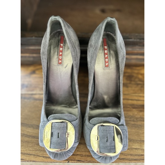 Prada Suede Block Heels Gray Buckle Detail Designer Shoes Size US 7 - Picture 2 of 9